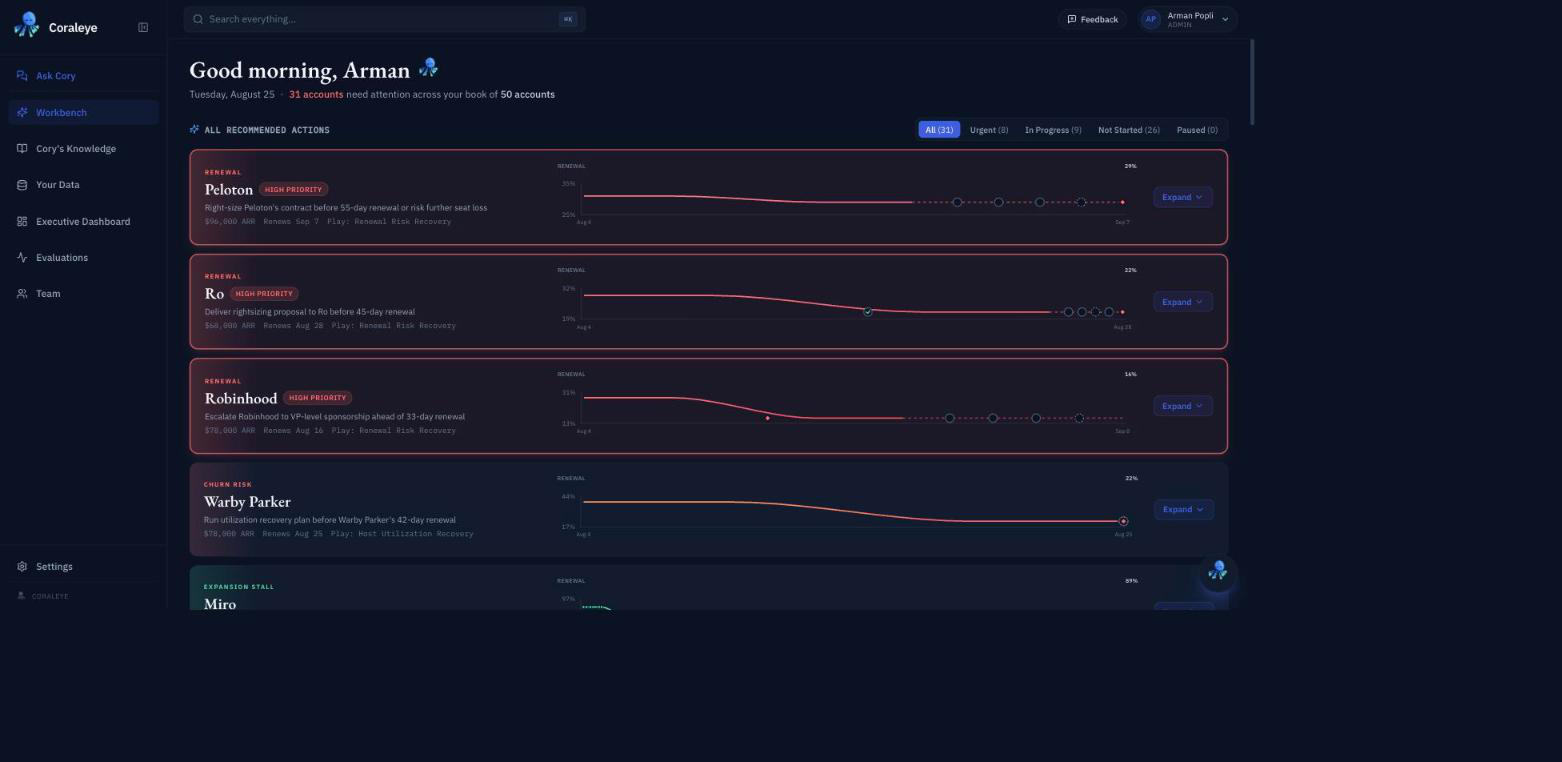 Coraleye workbench with accounts ranked by urgency